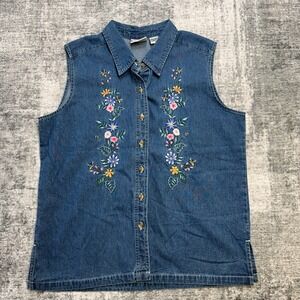 VTG Cool Blues Top Womens Large Denim Sleeveless Flower Embroidered Teacher Kid
